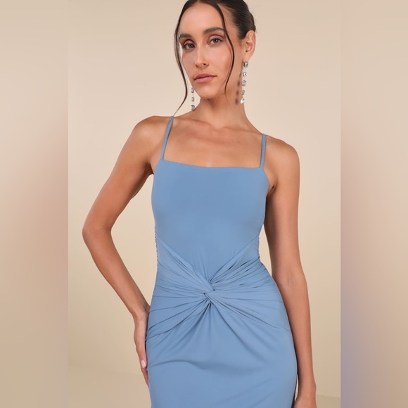 LULU’S Mesmerizing Reputation Slate Blue Twist Front Bodycon Midi Dress - Picture 3 of 6